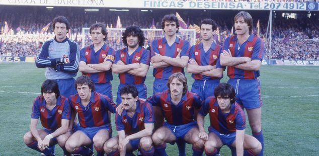 Alineació del Barça en un partit contra l'Espanyol al Camp Nou (22-4-1984). Foto: Sport