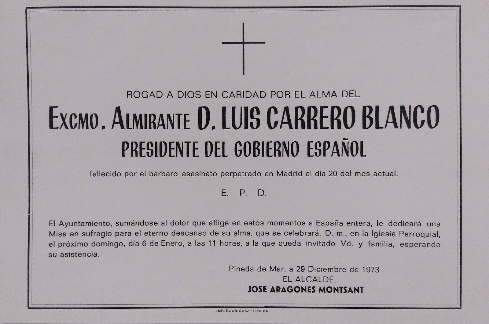 Esquela publicada per l’Ajuntament de Pineda de Mar i signada per José Aragonès Montsant, avi de l’actual president de la Generalitat de Catalunya, Pere Aragonès