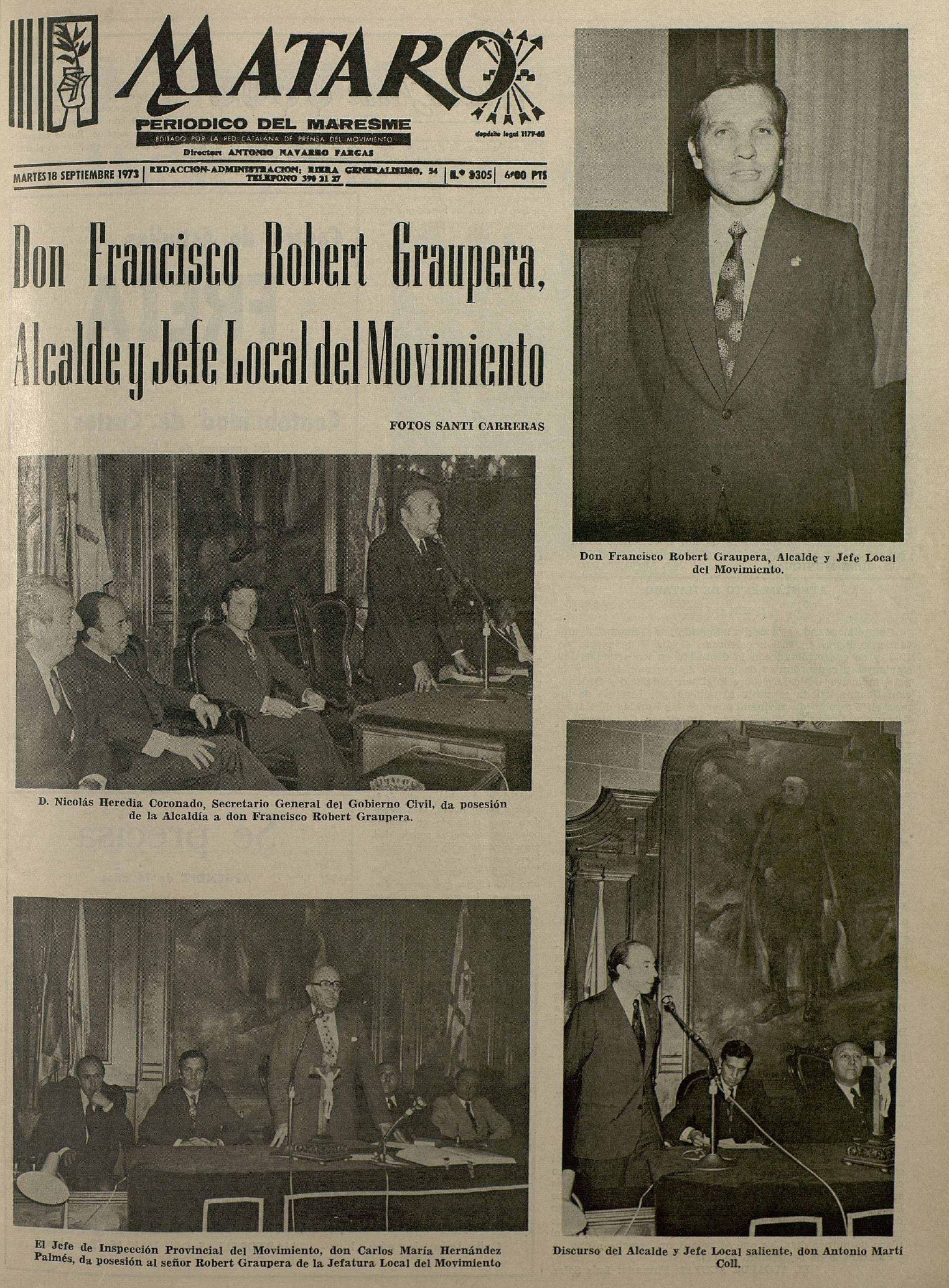 ortada del diari “Mataró” del 18 de setembre de 1973, en què es feia ressò del nomenament de Francesc Robert Graupera com a nou alcalde de Mataró i cap local del Movimiento