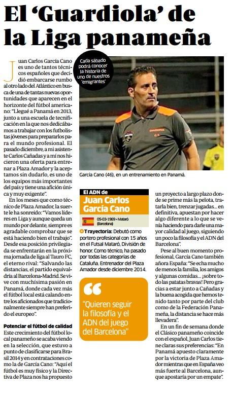 Notícia de premsa apareguda al diari Marca el març de 2015, en què es parlava de Juan Carlos García Caro com el “Guardiola de la Lliga panamenya”